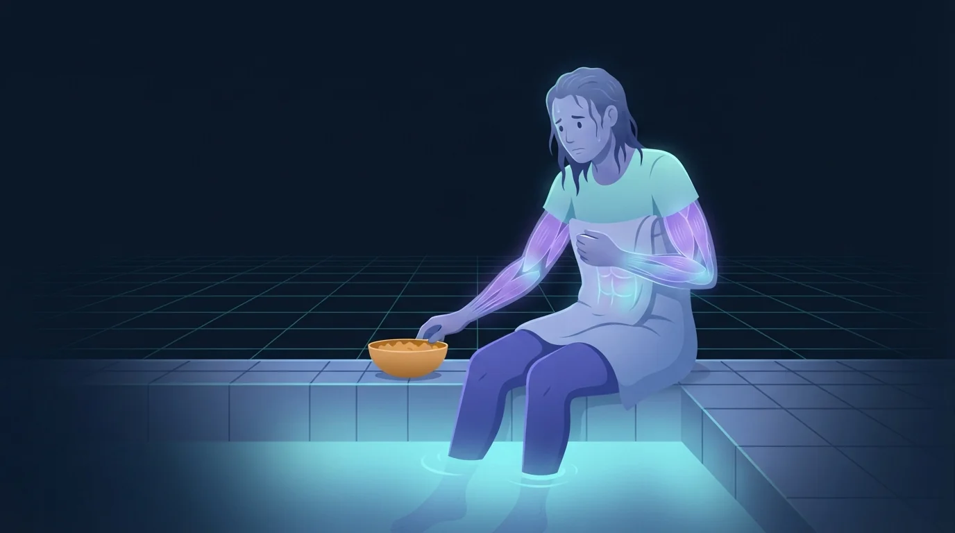A swimmer sitting on the tiled edge of a pool wrapped in a towel with wet hair and hunched shoulders, reaching toward a plain bowl of food beside them