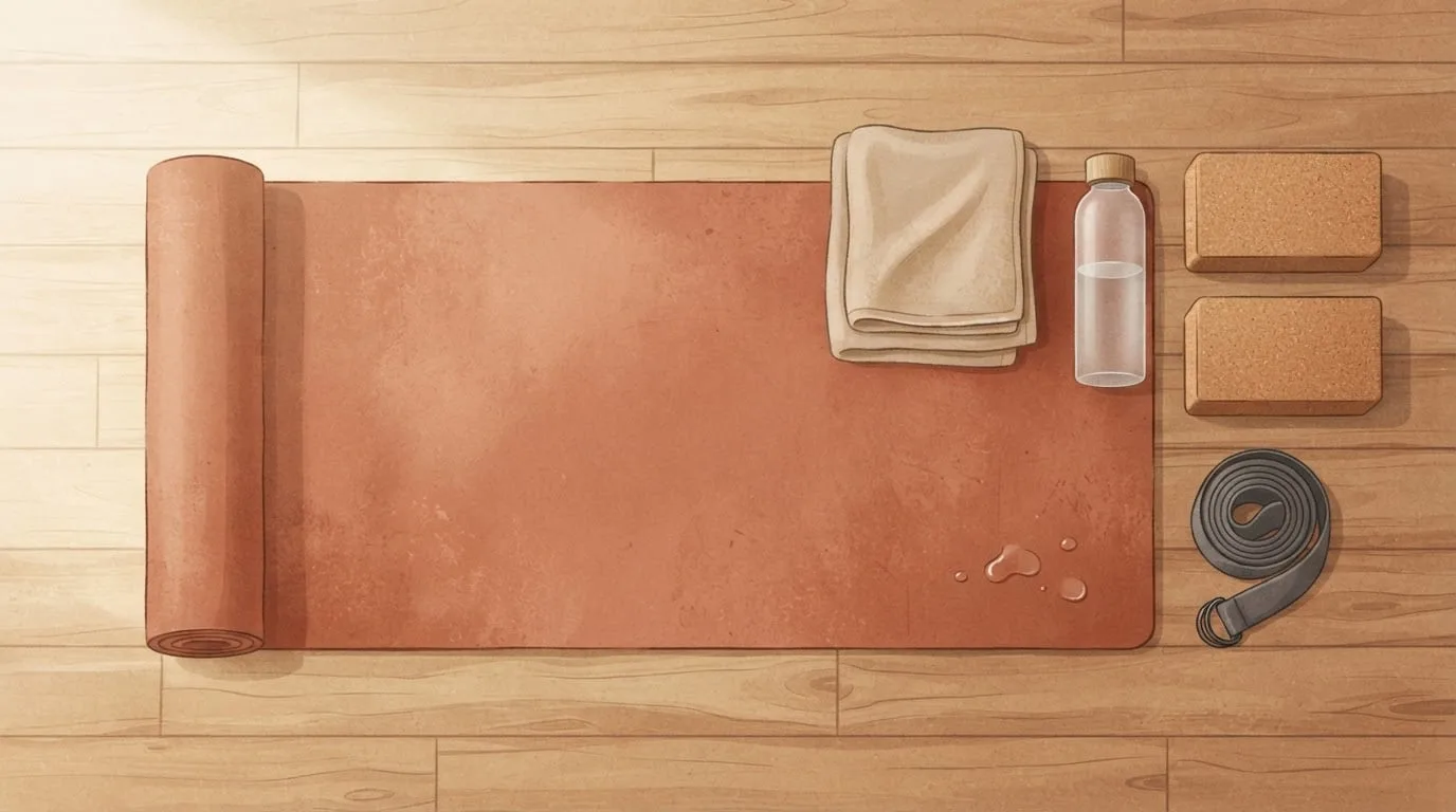 Overhead view of a terracotta yoga mat with drops of sweat, a folded sand-coloured towel, a plain water bottle, two cork blocks and a charcoal strap on a wooden studio floor