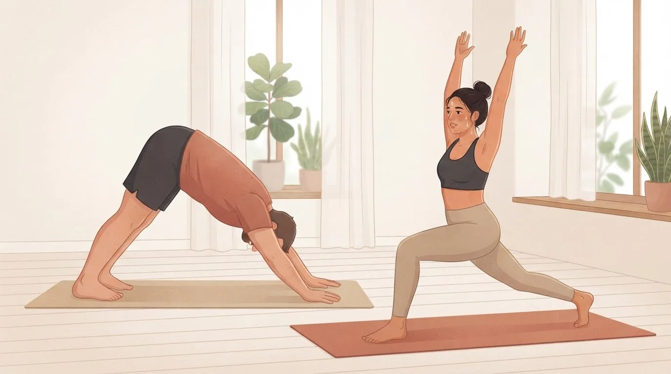 A man in downward-facing dog and a woman in a high lunge with her arms raised move through a yoga flow on terracotta and sand mats in a bright studio with tall windows