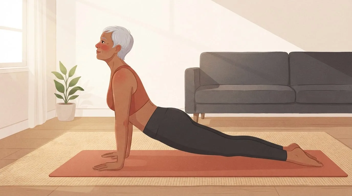 A woman in her fifties with short silver hair holds upward-facing dog on a terracotta mat in a sunny living room, part of a brisk sun salutation sequence at home