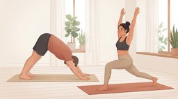 A man in downward-facing dog and a woman in a high lunge with her arms raised move through a yoga flow on terracotta and sand mats in a bright studio with tall windows