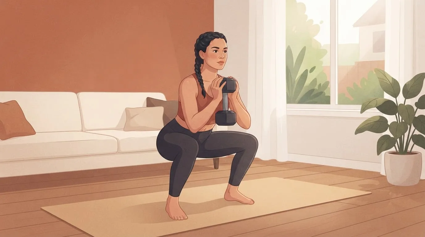 Une femme aux cheveux tressés fait un goblet squat avec un haltère tenu contre la poitrine sur un tapis dans un salon ensoleillé au mur terracotta, un entraînement à la maison qui compte dans le nombre de calories à brûler en s'entraînant