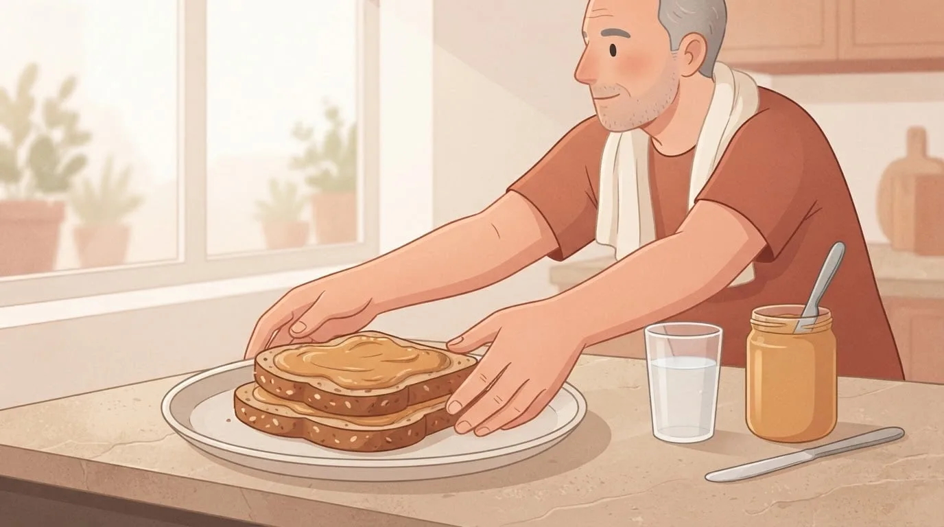 Un homme aux cheveux gris, une serviette autour du cou, attrape une assiette de tartines au beurre de cacahuète sur un plan de travail de cuisine après un entraînement, montrant comment manger davantage après l'exercice compense les calories brûlées en s'entraînant
