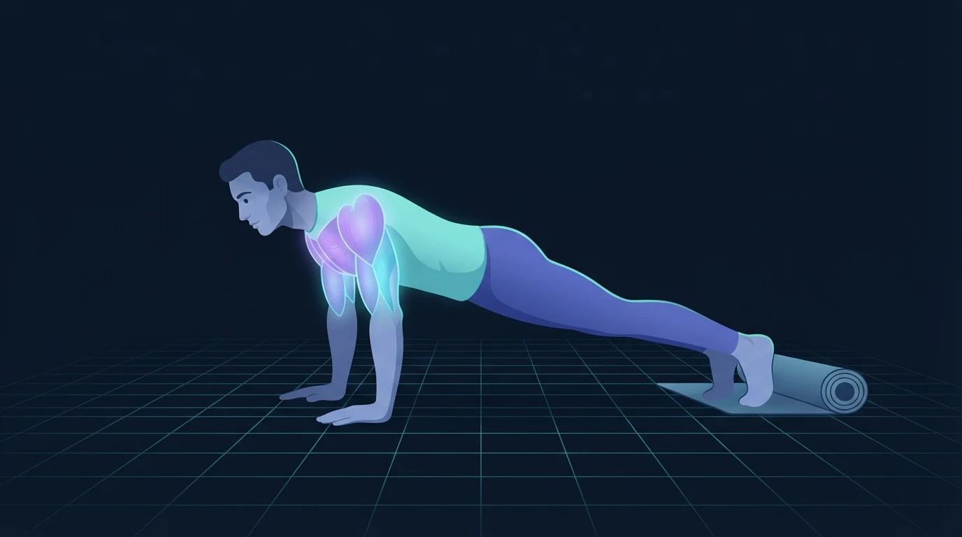 Illustration of a person holding the top of a push-up with the chest, front shoulders and triceps glowing, showing the muscle groups that a twice-weekly training frequency needs to reach