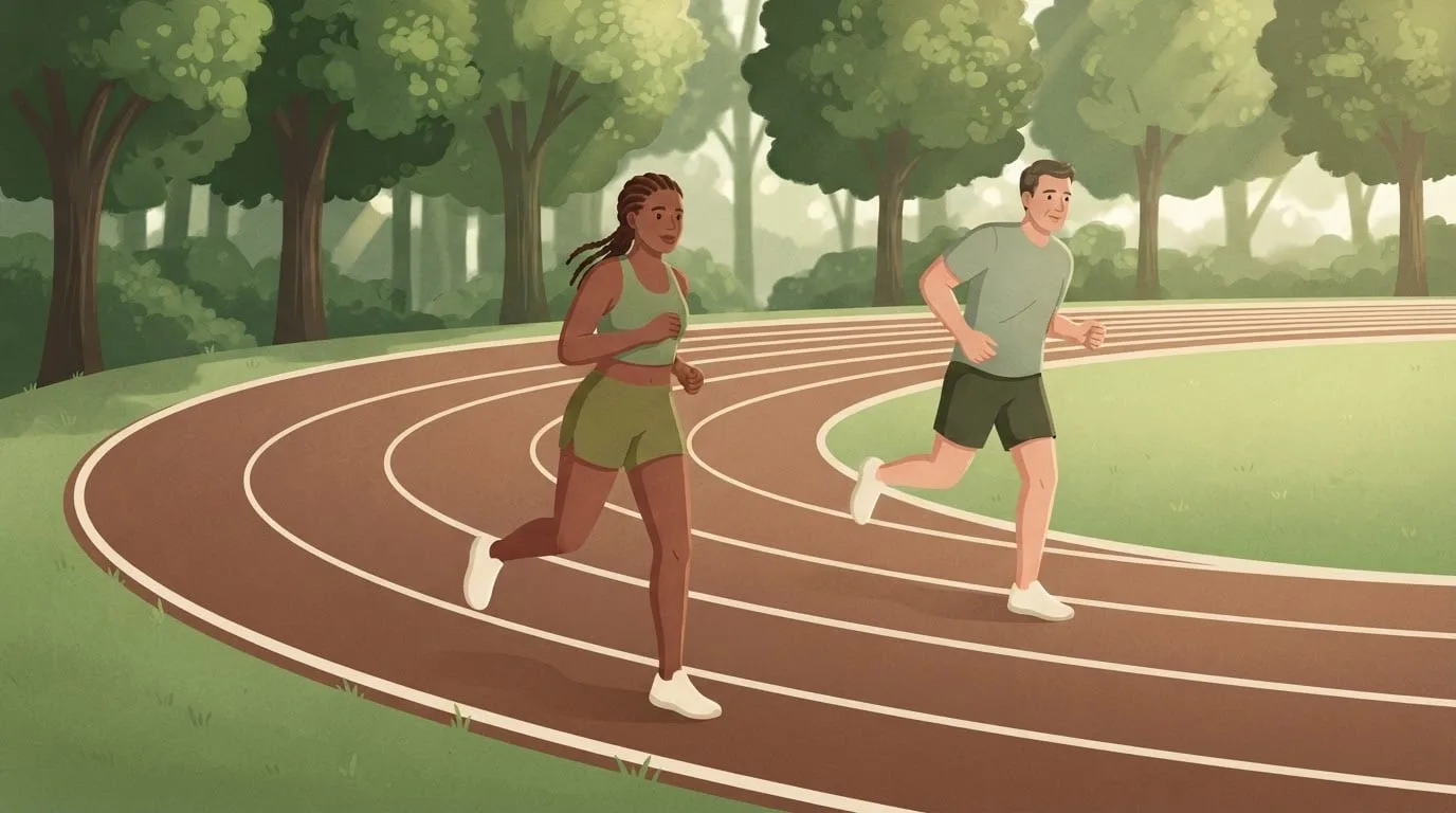 A man in his forties running in an inner lane on the bend of a tree-lined track while a woman in her thirties with braided hair runs a few lanes further out, following a wider curve that makes each of her laps longer