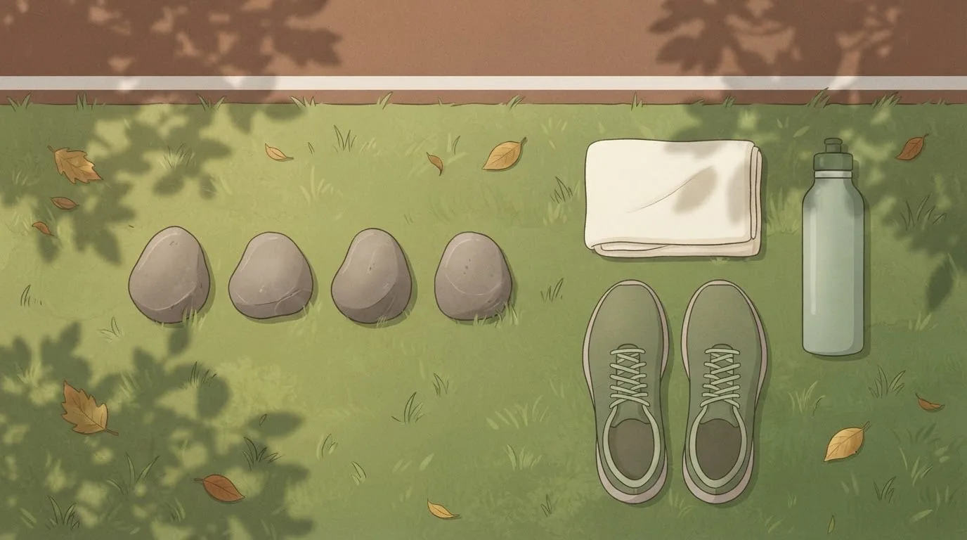 Overhead view of four smooth stones set in a row on the grass beside the inside edge of a running track, next to a folded cream towel, a sage-green water bottle and a pair of olive running shoes, used to count the four laps of a mile
