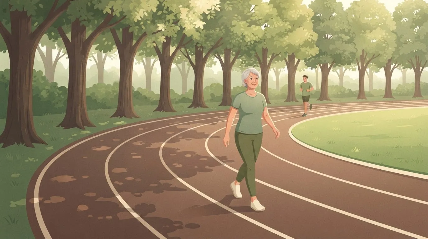 A woman in her fifties with short grey hair walking briskly in one of the inner lanes of a tree-lined park running track with plain unmarked lanes, while a younger man jogs farther around the bend, counting the laps that make a mile