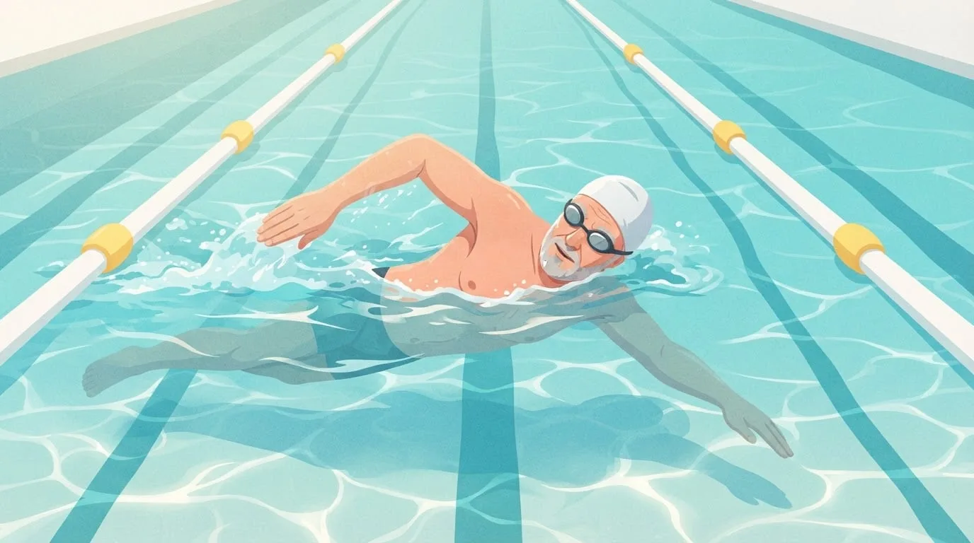 A man in his sixties with a grey beard, white swim cap and goggles swimming freestyle in a lane, turning his head to breathe as one arm recovers above the water, at the steady pace that covers a mile in about 35 minutes
