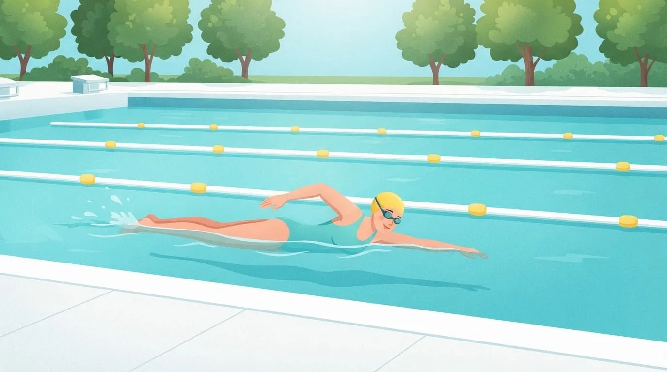 A woman in a yellow swim cap swimming freestyle along the near lane of a long outdoor pool with plain lane ropes, seen from the side deck, the kind of lap swim where a mile is 70 lengths of a 25-yard pool or 32 of a 50-meter pool