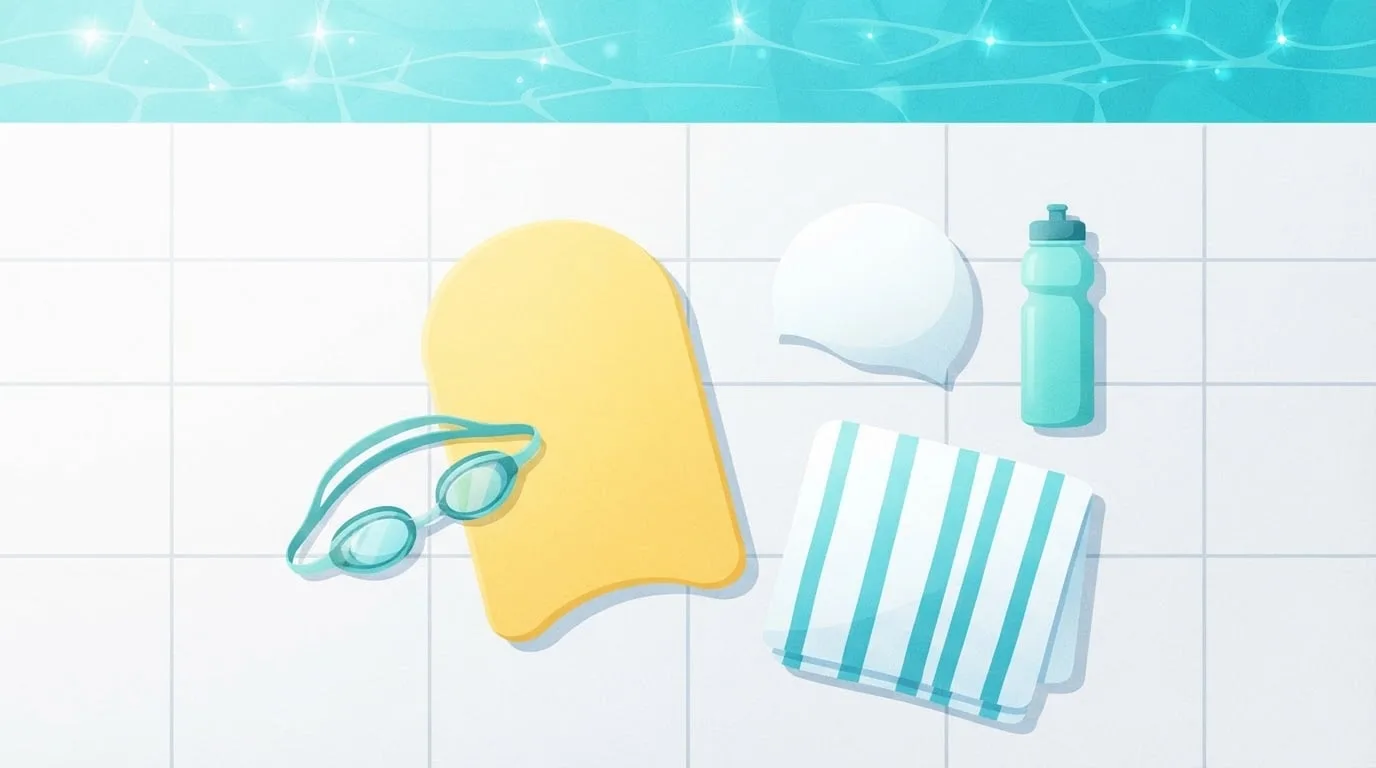 Overhead view of a yellow kickboard, swim goggles, a white swim cap, a striped towel and an aqua water bottle laid out on a white tiled pool deck beside the water, ready for a first mile swim