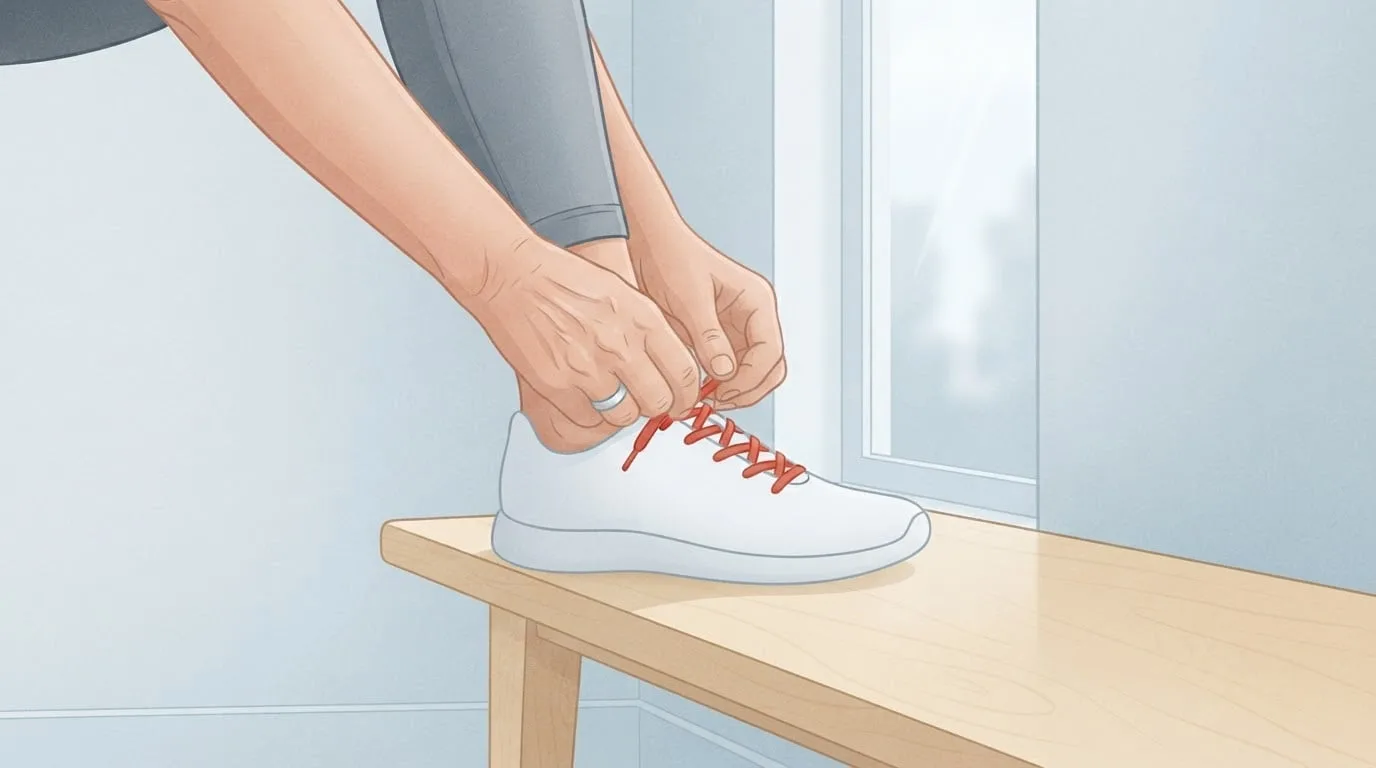 Close-up of an older woman's hands tying the red laces of a white running shoe, her foot resting on a birch-wood bench by a window in soft overcast light