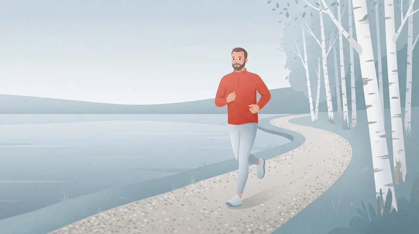 A man in his forties running at an easy pace along a quiet lakeside path lined with birch trees on an overcast morning, one of several easy runs that make up his weekly mileage