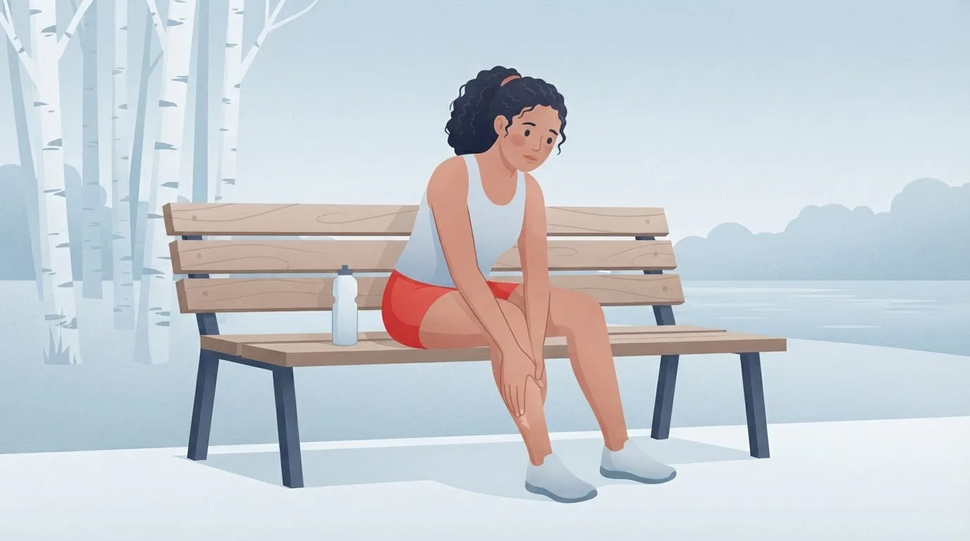 A young woman runner sitting on a park bench by a river path on an overcast day, pressing gently on her lower shin, a sign she may be running too many miles a week