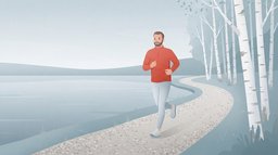 A man in his forties running at an easy pace along a quiet lakeside path lined with birch trees on an overcast morning, one of several easy runs that make up his weekly mileage