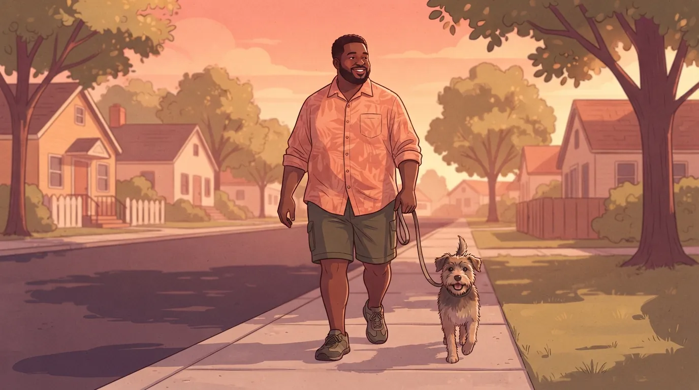 Ein lächelnder Mann in den Vierzigern geht bei Sonnenaufgang mit seinem Hund auf einem baumgesäumten Gehweg im Viertel, einer der kurzen Spaziergänge, die sich zu einem 10.000-Schritte-Tag summieren