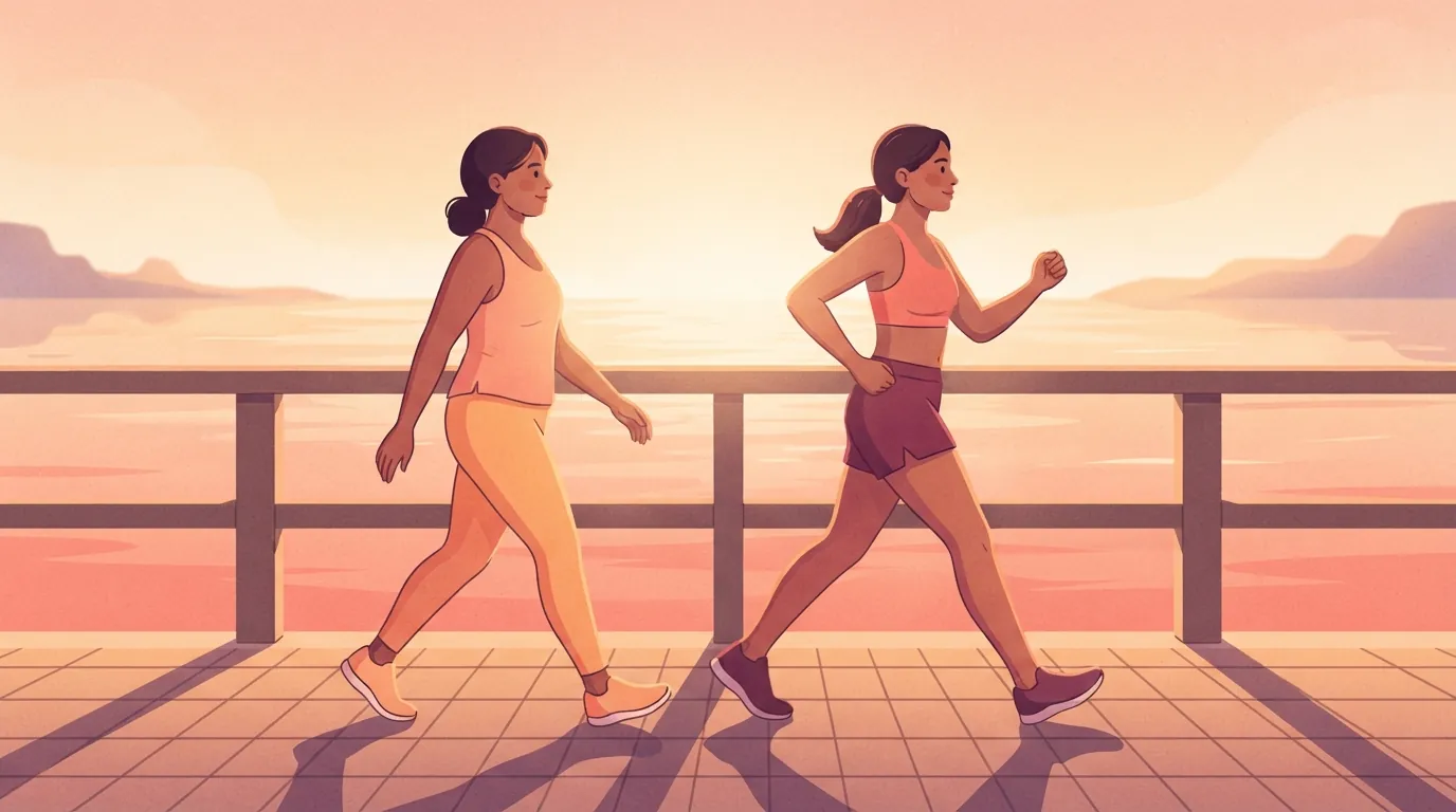 Zwei gleich große Frauen gehen bei Sonnenaufgang nebeneinander auf einer Strandpromenade, eine schlendert mit kurzen, entspannten Schritten und die andere geht mit langen, zügigen Schritten