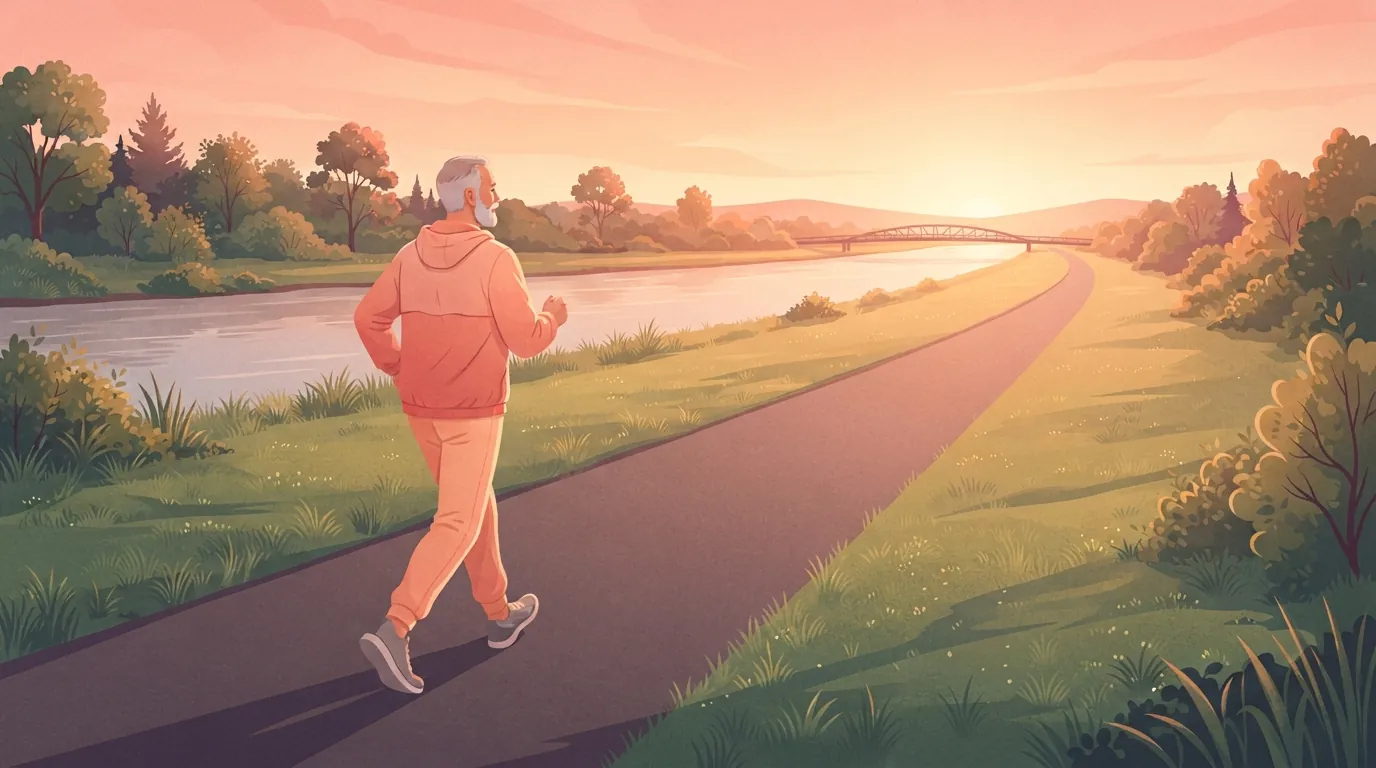 Ein älterer Mann mit grauem Bart geht zügig auf einem Grünzug am Fluss bei Sonnenaufgang entlang, der Weg schlängelt sich meilenweit zu einer entfernten Fußgängerbrücke