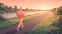 An older man with a grey beard walking briskly along a riverside greenway at sunrise, the path winding for miles toward a distant footbridge