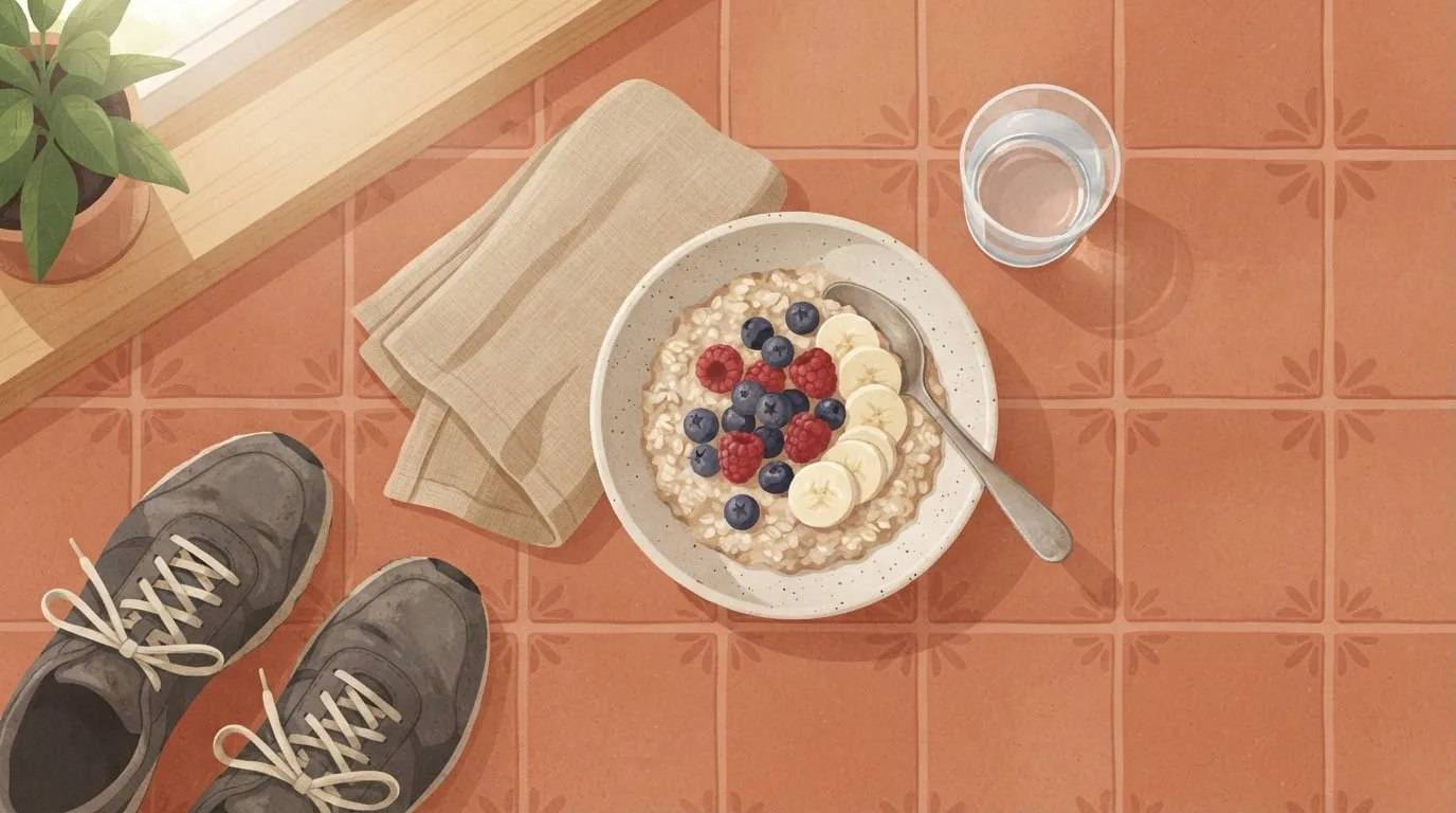 Overhead view of a post-run breakfast on a terracotta tiled surface by a window, with a bowl of oats topped with berries and banana slices, a glass of water, a folded towel and a pair of plain running shoes