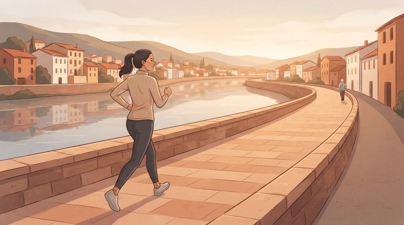 A woman in her thirties running along a long sandstone riverside path in a terracotta-roofed town in the early morning, the path curving far ahead to show the 6.2 miles of a 10K