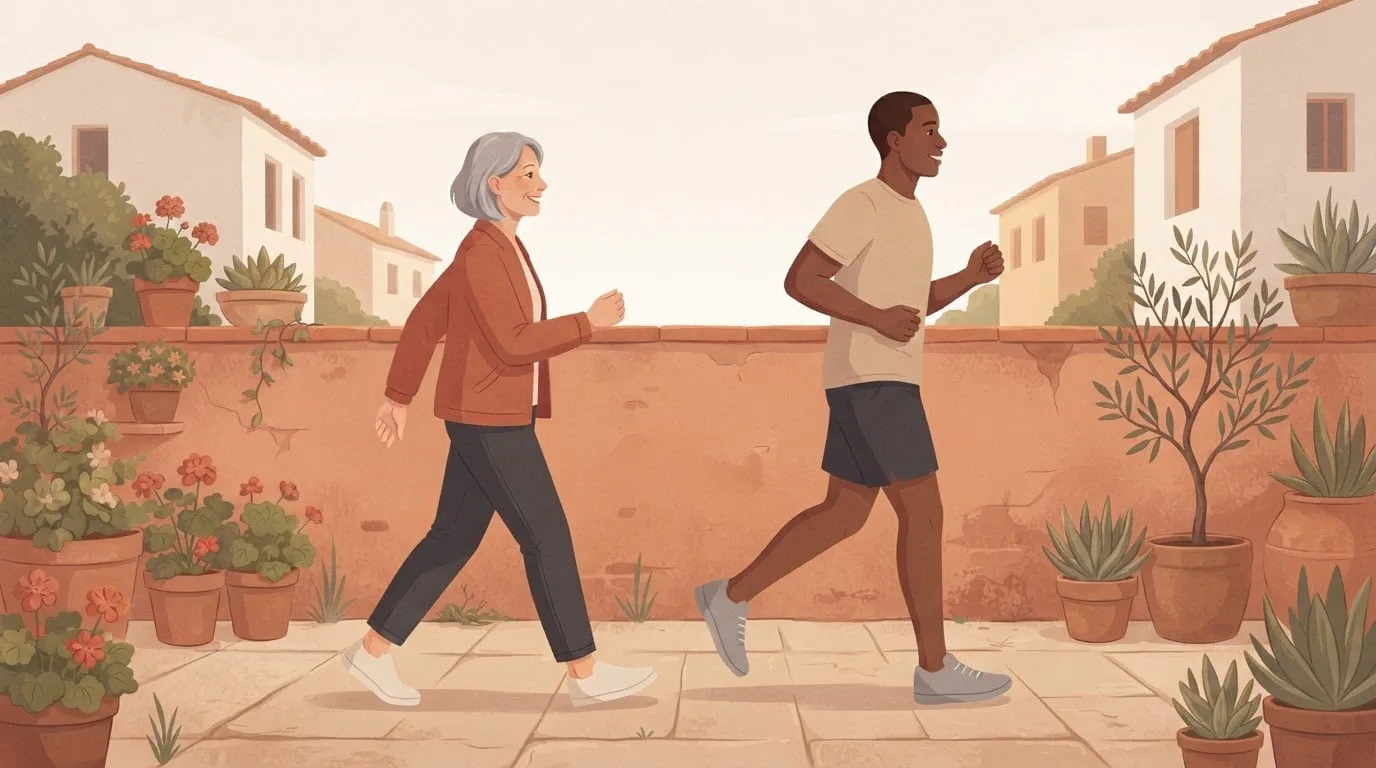 A woman in her sixties walking briskly beside a man in his thirties jogging on the same sandstone path, comparing how long a 10K takes to walk and to run