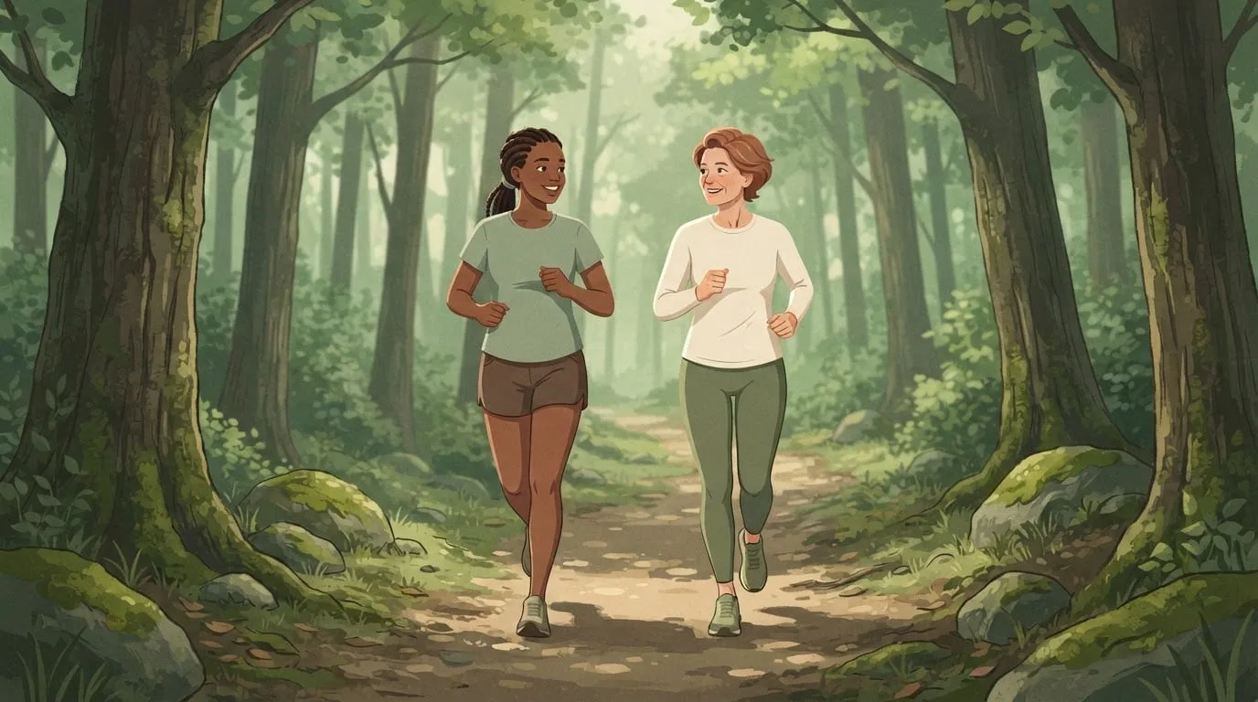 Two women of different ages running side by side at the same steady pace on a dappled woodland trail, the even pacing that suits a sub-2-hour half marathon