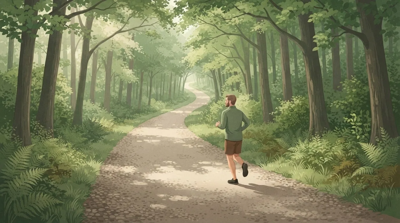A man in his forties running alone along a long gravel path through a tall green forest, the path stretching far ahead under the leaves to suggest the 13.1 miles of a half marathon