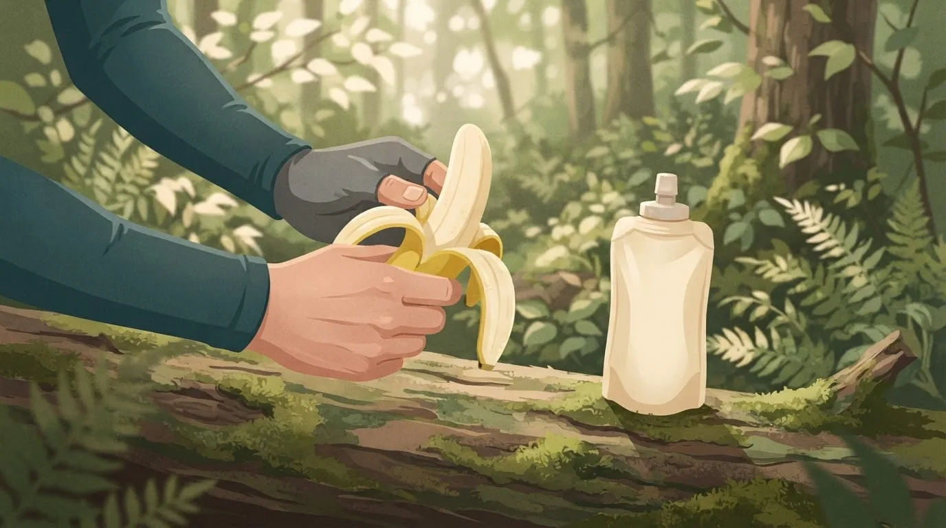 Close-up of a runner's hands peeling a banana beside a plain soft water flask on a mossy log in a sunlit forest, refueling after a long half marathon training run
