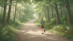 A man in his forties running alone along a long gravel path through a tall green forest, the path stretching far ahead under the leaves to suggest the 13.1 miles of a half marathon