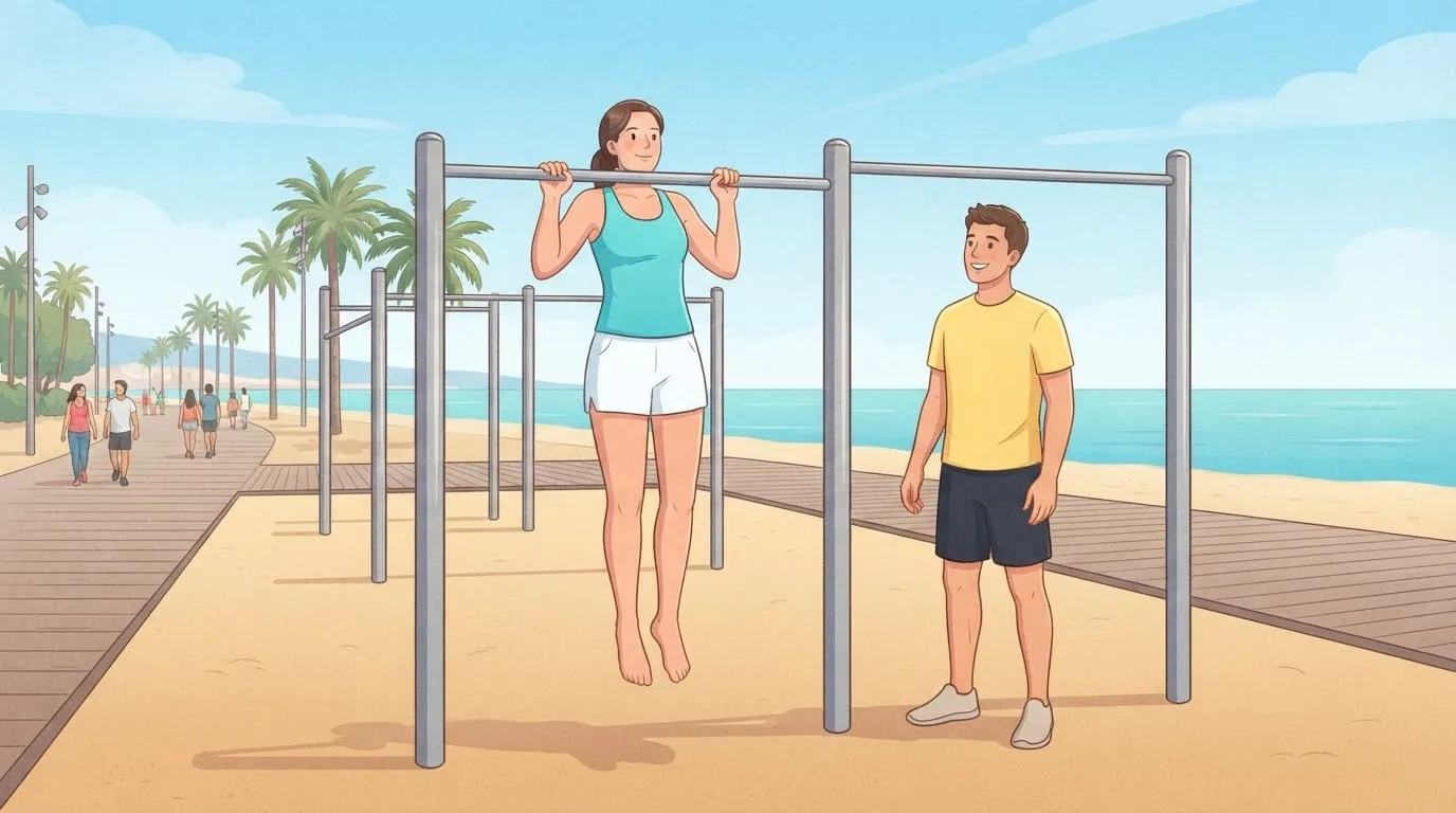 Une femme d'une trentaine d'années garde le menton au-dessus d'une barre de traction en plein air dans un parc de callisthénie ensoleillé en bord de mer, pendant qu'un homme attend son tour à la barre voisine