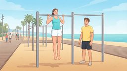 A woman in her thirties holds her chin above an outdoor pull-up bar at a sunny seaside calisthenics park while a man waits his turn at the next bar