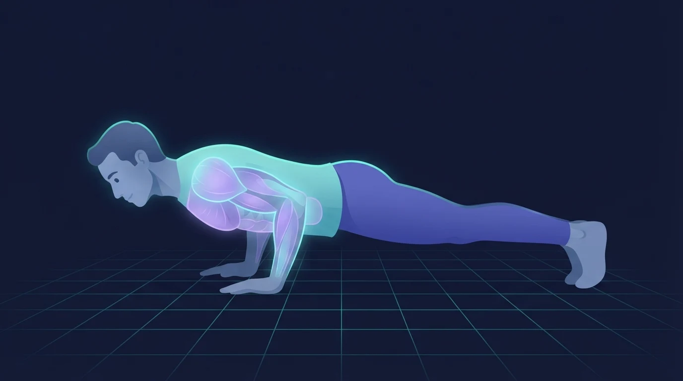 Illustration of the bottom position of a correctly performed push-up, elbows bent to about ninety degrees and tucked near the ribs, hips level with the shoulders, with the chest, shoulders, triceps and core glowing