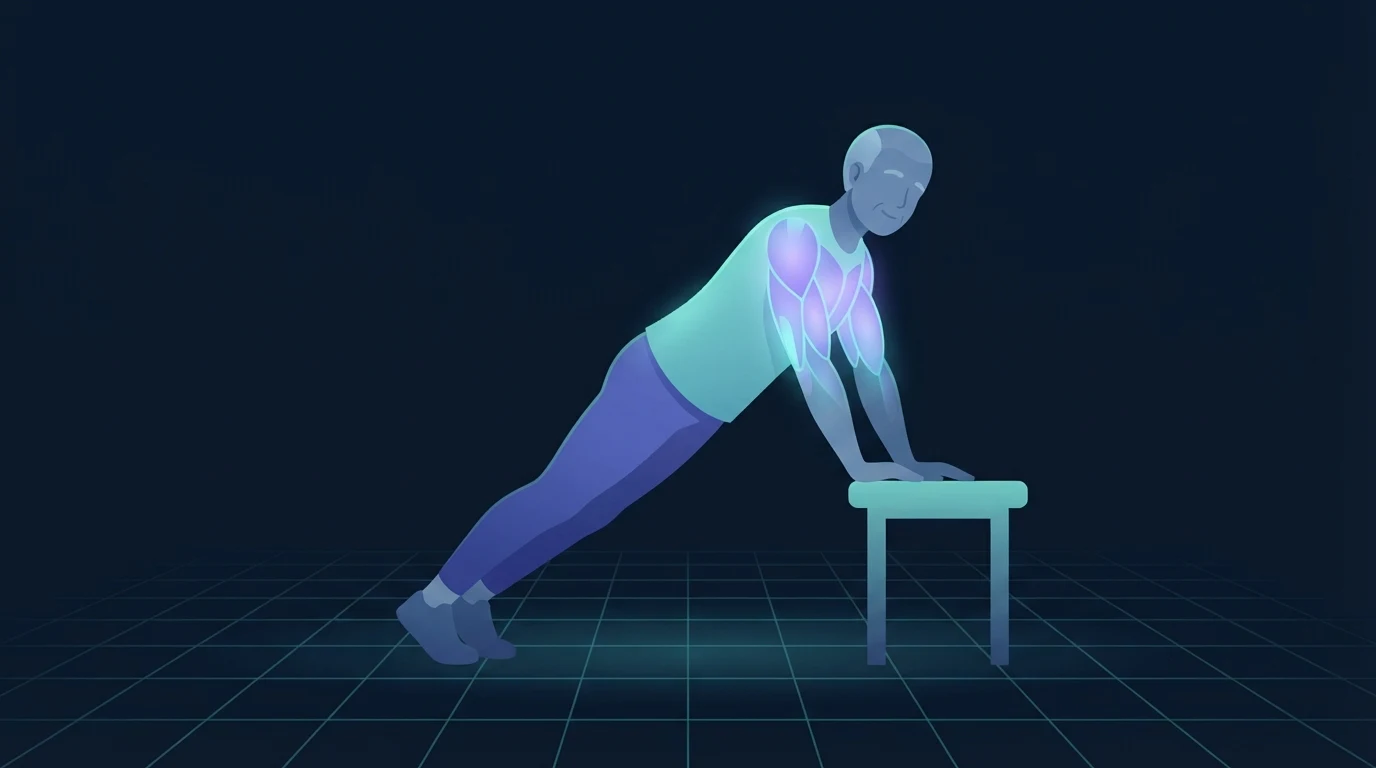 Illustration of an older adult performing an incline push-up with both hands on a low bench, back straight and feet on the floor, with the chest, front shoulders and triceps glowing as the working muscles
