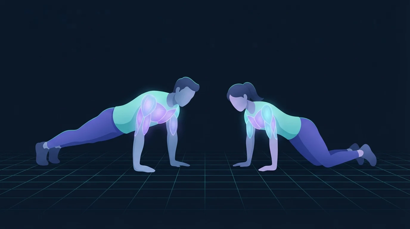 Illustration comparing the two push-up test protocols side by side, a man in the standard toe position and a woman in the modified knee position, with chest, front shoulders and triceps glowing as the working muscles