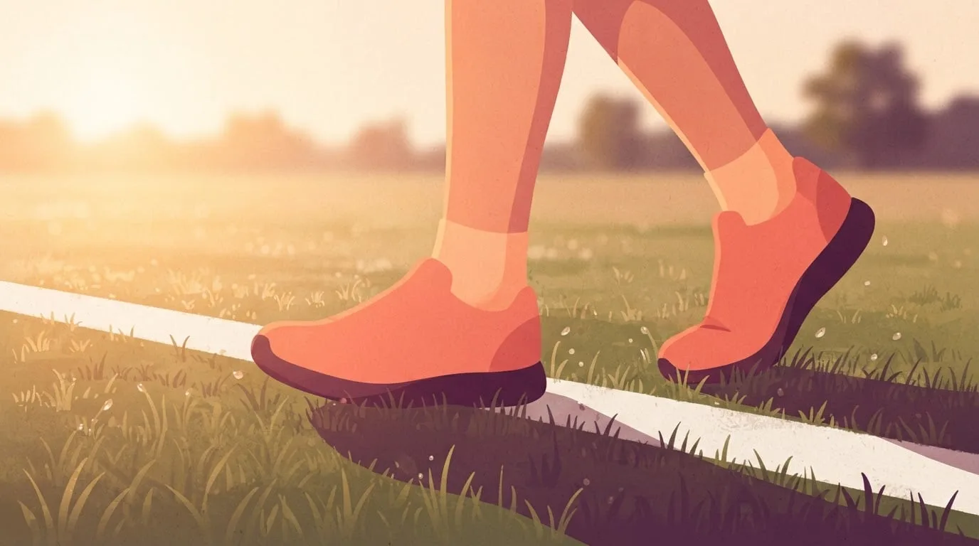 Close-up of a walker's coral shoes stepping across a plain white line on a dewy grass field at sunrise, the start of a measured distance for counting steps per mile