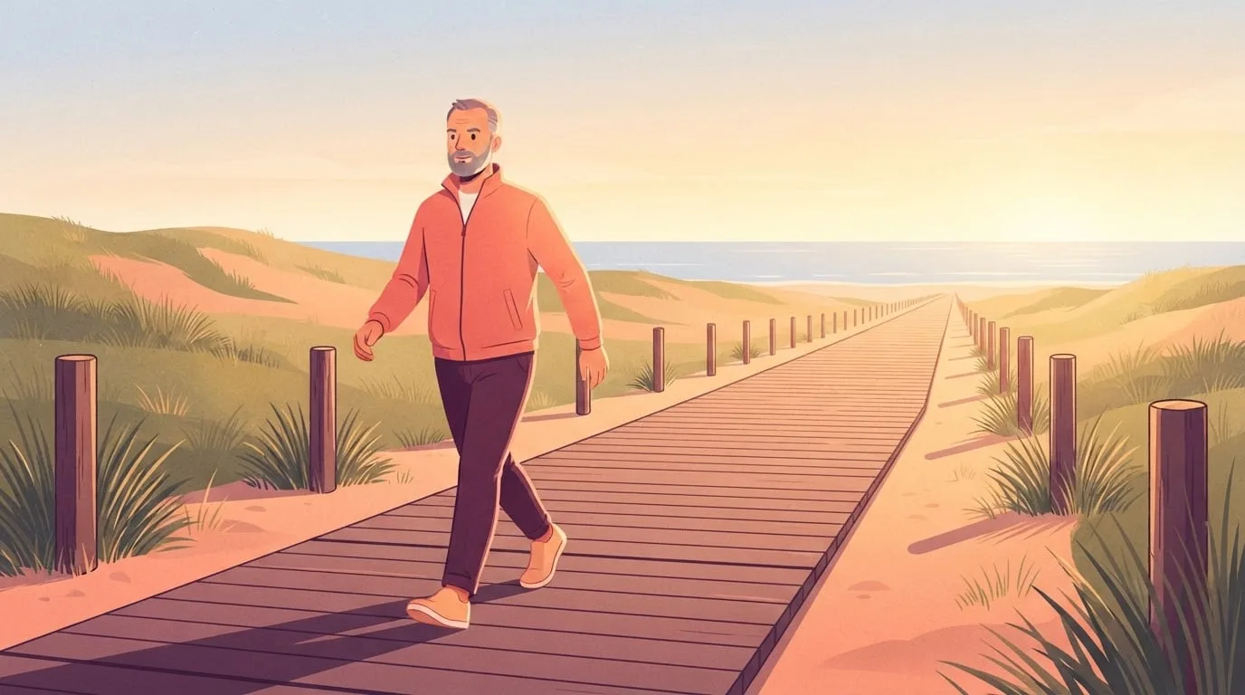 A man in his fifties in a coral jacket walking a mile along a wooden boardwalk through beach dunes at sunrise, with the boardwalk stretching back toward the sea