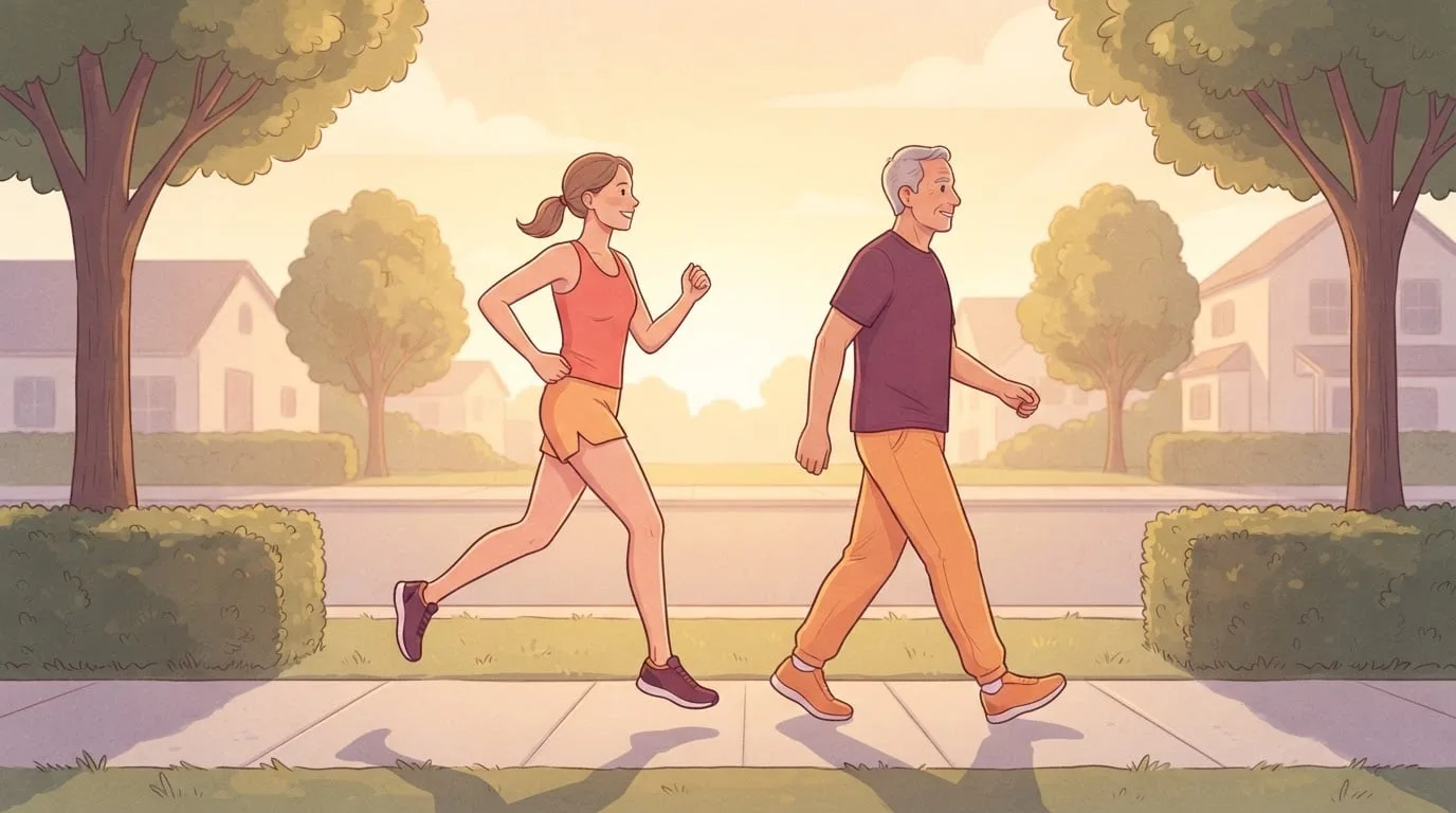 A woman in her thirties jogging with both feet off the ground beside a man in his sixties walking briskly on a suburban sidewalk at sunrise, showing how a running step covers more ground than a walking step