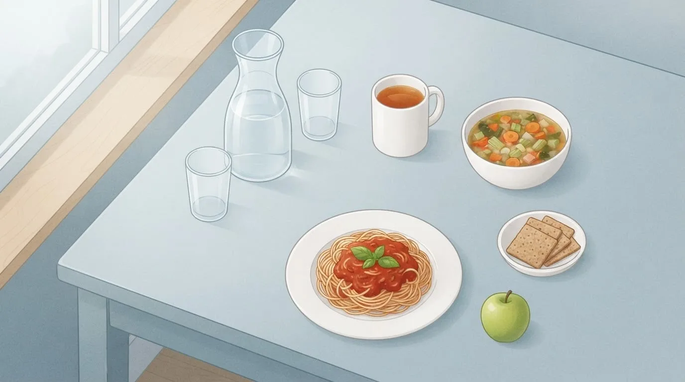 Blick von oben auf einen hellen Tisch mit einer Glaskaraffe Wasser, zwei Gläsern, einer Tasse Tee, einer Schüssel Suppe und einem Teller Pasta mit Tomatensauce, dem Essen und Trinken, das das Körpergewicht im Lauf eines Tages schwanken lässt