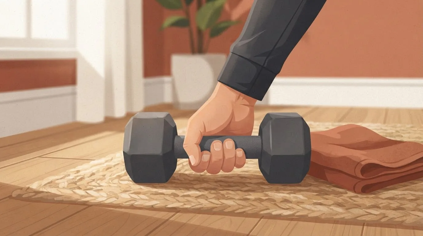 Close-up of a hand gripping the handle of a plain dumbbell resting on a sand-colored rug in soft window light, next to a folded terracotta towel