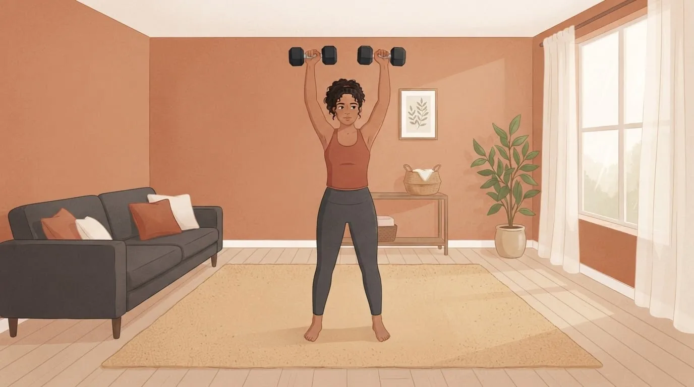 A woman in her twenties pressing two dumbbells overhead in a sunlit living room with terracotta walls, the kind of steady training that adds muscle month by month