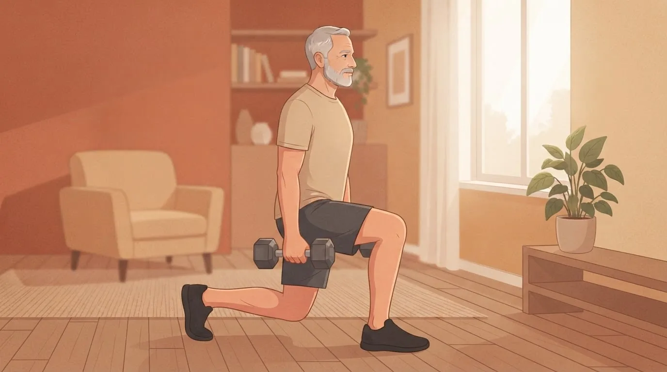 A man in his sixties doing a dumbbell split squat beside a large window in a warm terracotta living room, showing that muscle still grows after 50