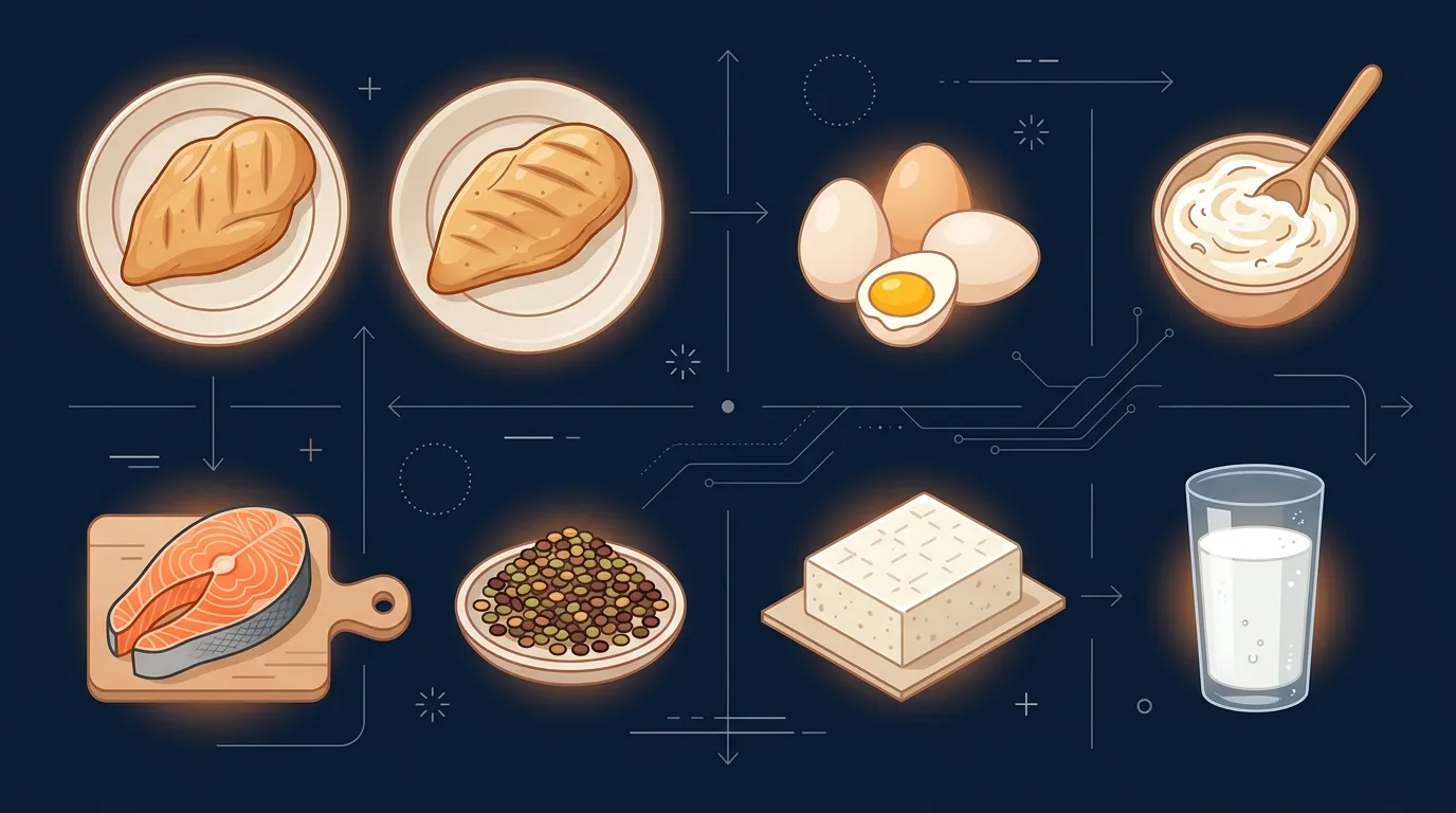 Redaktionelle Illustration zum Vergleich des Proteingehalts gängiger eiweißreicher Lebensmittel: Hähnchenbrust, Eier, griechischer Joghurt, Fisch, Linsen und Tofu
