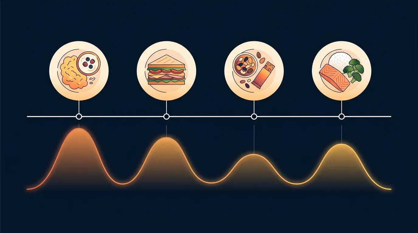 Redaktionelle Illustration zur Proteinverteilung über vier Mahlzeiten an einem Tag für optimale Muskelproteinsynthese