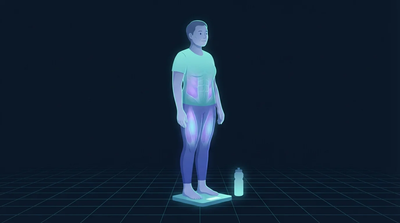 An adult standing calmly on a bathroom scale with the torso and thighs lit up, illustrating a steady monthly rate of weight loss rather than a crash
