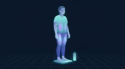 An adult standing calmly on a bathroom scale with the torso and thighs lit up, illustrating a steady monthly rate of weight loss rather than a crash