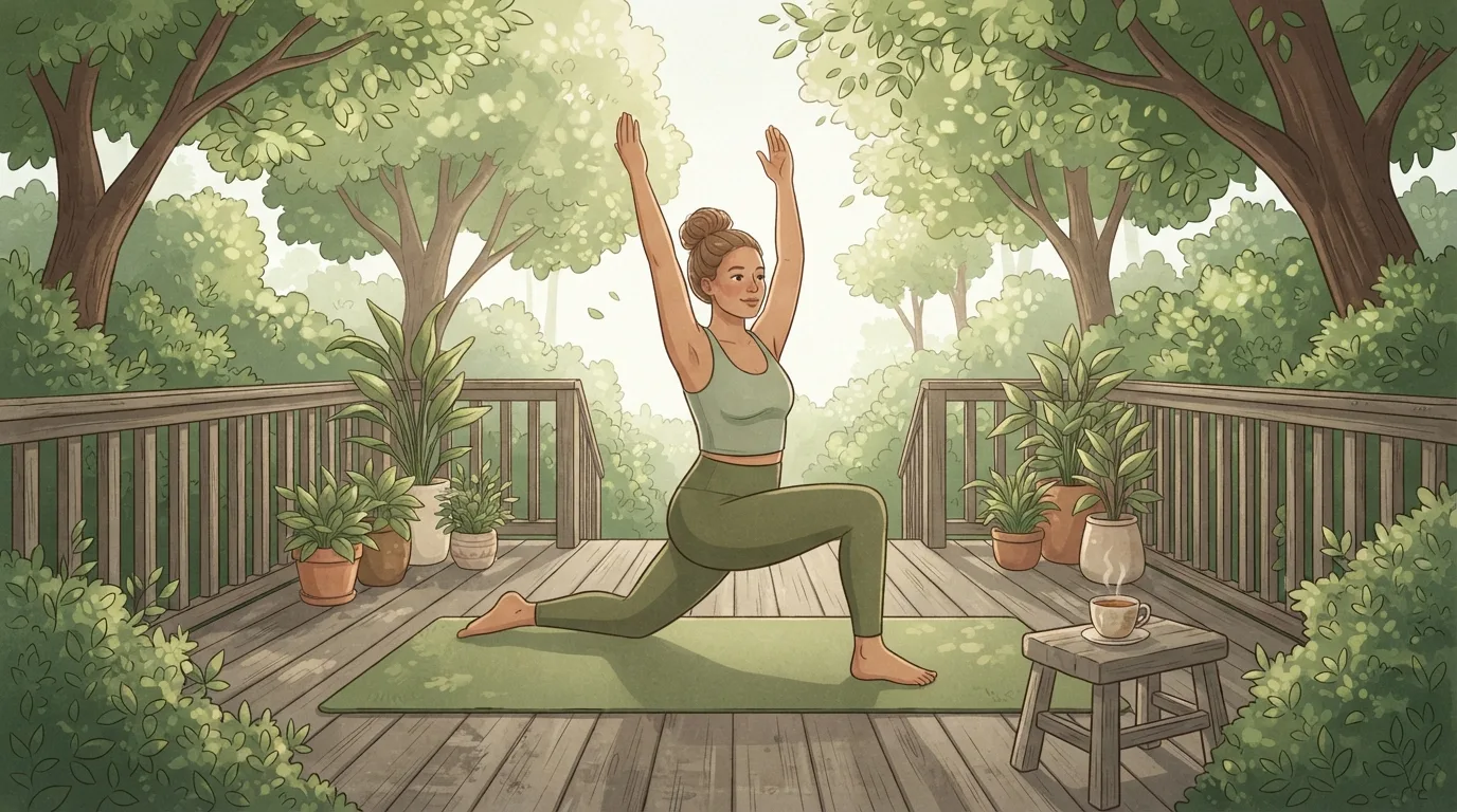 A woman doing a low lunge with her arms raised on a green yoga mat on a wooden backyard deck under leafy trees in the morning, a cup of tea on a small stool beside her