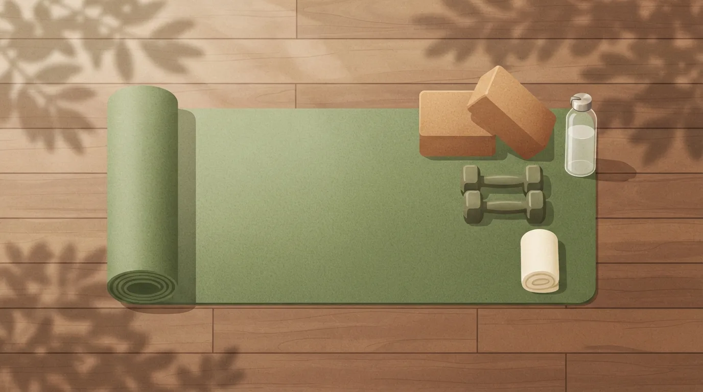 Overhead view of a green yoga mat on a wooden floor with two cork yoga blocks, a pair of dumbbells, a rolled towel and a water bottle, set up for a week that combines yoga with strength training