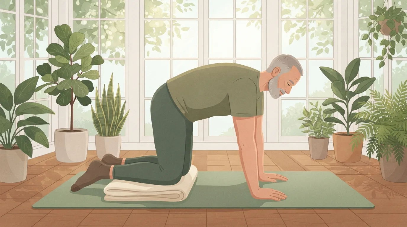 A man in his fifties with a grey beard on his hands and knees on a sage-green yoga mat in a sunroom full of plants, a folded blanket under his knees, practicing gentle yoga for back pain