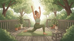 A woman doing a low lunge with her arms raised on a green yoga mat on a wooden backyard deck under leafy trees in the morning, a cup of tea on a small stool beside her