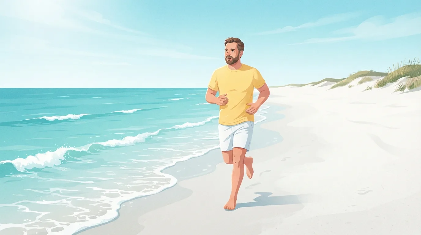 Ein bärtiger Mann in den Vierzigern in einem gelben T-Shirt, der mittags locker auf dem festen Sand am Rand eines türkisfarbenen Meeres läuft, einer der lockeren Läufe, die den Großteil eines wöchentlichen Laufplans ausmachen